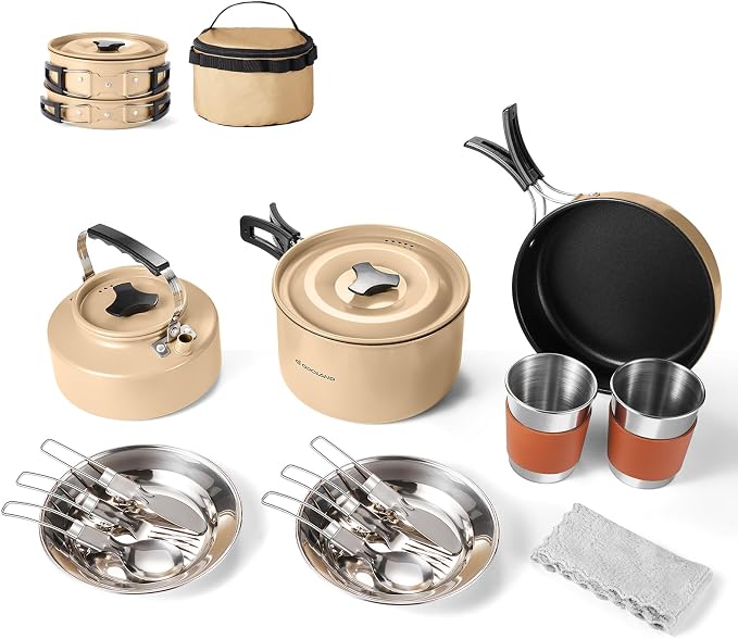 Odoland 15pcs Camping Cookware Mess Kit, 1.9L Pot, for Camping, Backpacking | Anodized aluminum, for hiking, outdoor cooking and picnic, 1.9L pot 0.8L kettle 0.86L pan mess kit, little compact pot set