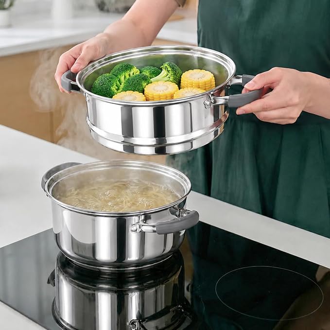 Sunhouse: 3 Quart Stainless Steel Steamer Pot - 2-Tier Cookware, Tempered Glass Lid, Stay-Cool Silicone Handles, 3-Ply Bottom, Dishwasher & Oven Safe | Steaming Pot with Glass Lid & Steamer Basket - 2 Tier Tri-ply Stovetop Steamer For Vegetable, Veggie...