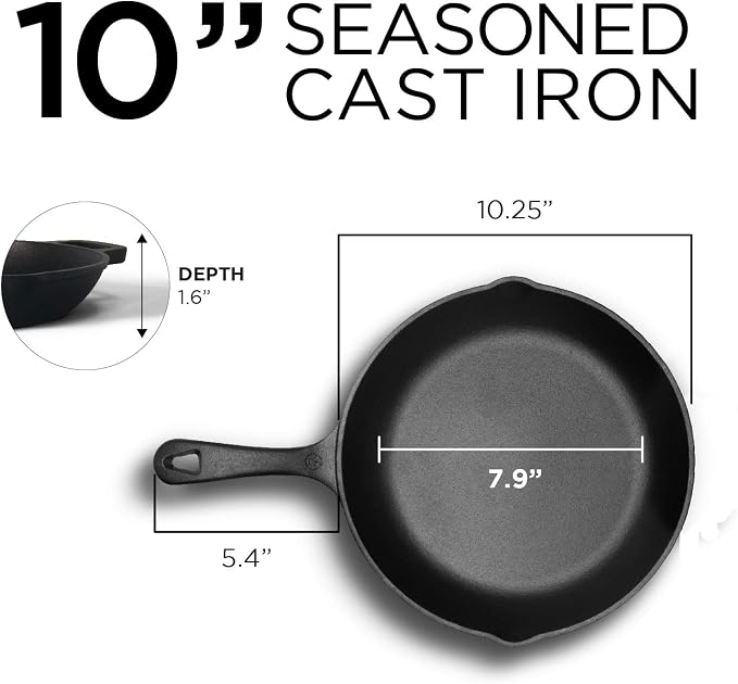 Commercial CHEF 10-Inch Cast Iron Sauté Skillet, Pre-Seasoned, CHFL10 | Integrated Hanging Hole in Handle, Works on All Cooktops Including Induction, Outdoor Skillet for Campfires or Grills