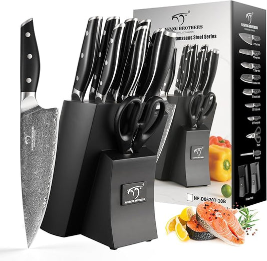 Damascus Knife Set with Block for Kitchen, VG10 Steel Chef Knife Set with Triple-Rivet Handles, Knife Sharpener, Natural Ash Wooden Knife Block, 10PCS