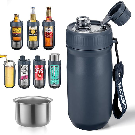 MAXSO Sealed Can Cooler Fizz Lid Can Cover for 12 oz Regular, Slim Skinny Cans & As Thermal Bottle (Navy Blue, 5-in-1)