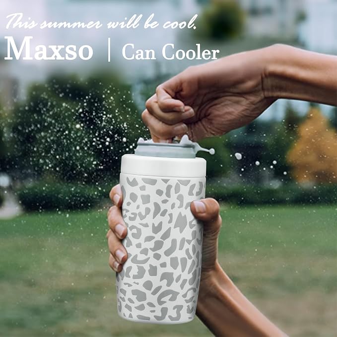 4-in-1 Slim Can Cooler Easy to Hold Insulated Beer Can Holder Double-walled Stainless Steel for All 12 Oz Cans Gift (White Leopard)