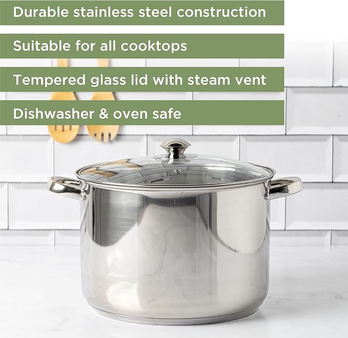 Ecolution Pure Intentions Stock Pot - Features Tempered Glass Lid, Stay-Cool Handles, and Encapsulated Bottom - Oven Safe - Curbside Recyclable Stainless Steel - 12 Quarts