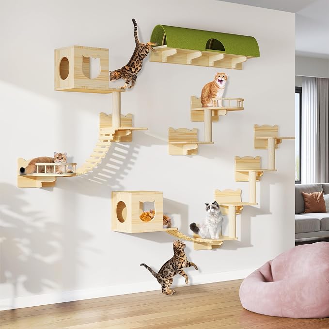 Cat Wall Shelves, 18-in-1 Cat Wall Furniture Set w/Tunnel & Bridge | Multi-Level Floating Cat Shelves for Space Saving, Solid Wood Cat Climbing System with Scratching Posts, 2 Condos, Burlywood