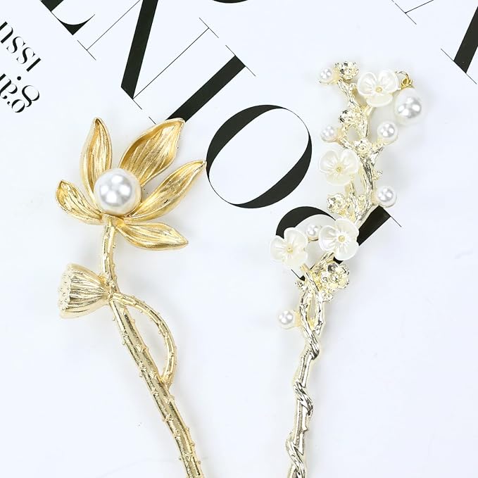 inSowni 8 Pieces Retro Vintage Asian Japanese Chinese Hanfu Gold Metal Flower Hair Sticks with Pearl Pendants Fishtail Lotus Butterfly Long Hair Pins Forks Chopsticks Bun Updo Holders for Women Girls