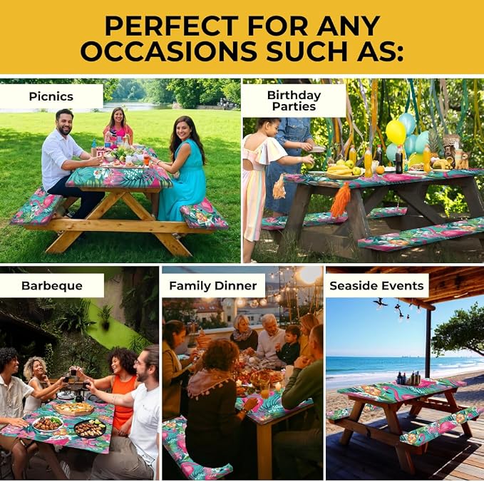 6ft Polyester Picnic Table Cover with Bench Covers Tablecloth Flamingo | Polyester Picnic Table Cover Windproof & Waterproof, Perfect for Camping Gifts & RV Essentials, Cool Camping Gadgets with bag