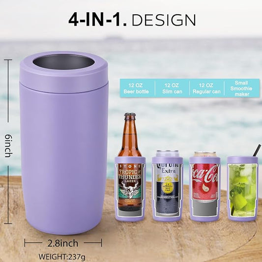 4-in-1 Slim Can Cooler Easy to Hold Insulated Beer Can Holder Double-Walled Stainless Steel for All 12 Oz Cans (lilac purple)