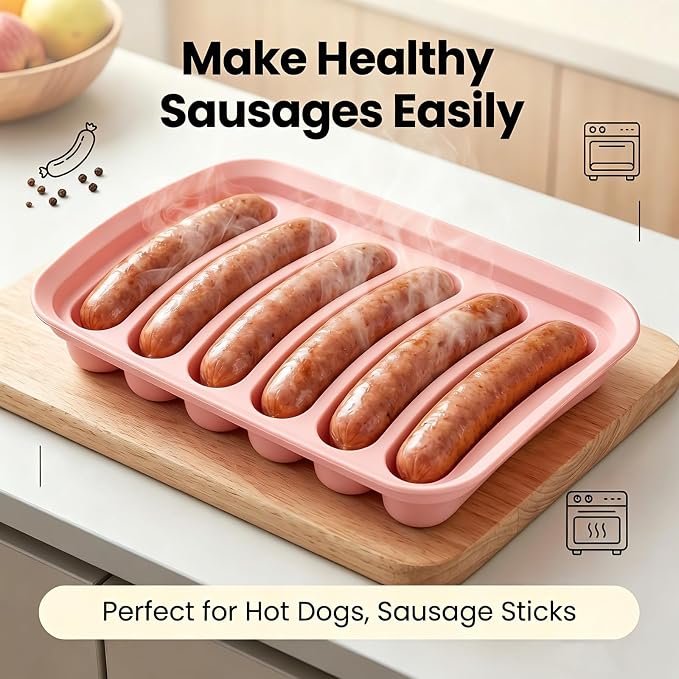2 Pcs Silicone Sausage Mold with a Set of Silicone Brush Spatula and 25x Pastry Bags, Non-Stick Hot Dog Bun Pan, DIY Handmade Ham Sausage, Hot Dogs Baking Mold for Children's Food with Lid (Pink*2)