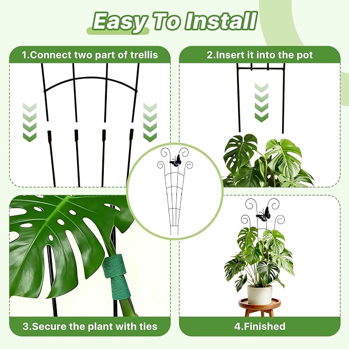 4 Pack 30 Inch Taller Plant Trellis for Potted Climbing Plants Indoor, Expandable Metal Garden Trellis for Climbing Plants, Flowers, Vine, Ivy - Sturdy Houseplant Support with Ties