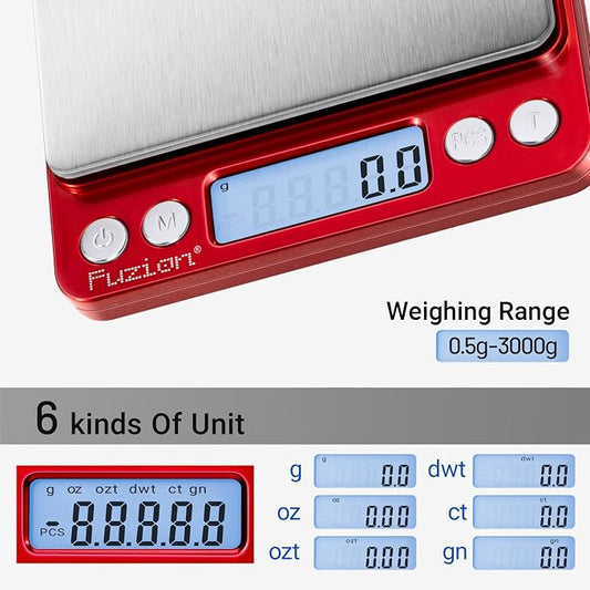 Fuzion Small Gram Scale 3000g, Digital Kitchen Food Scale, Gram and Ounce | 0.1g Accuracy, 6 Modes, 2 Trays Included, Tare Function, Piece Counting, For Food, Coffee, Cooking, Herb, Reptiles, Coins