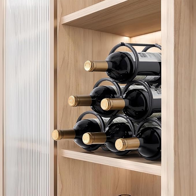 GeLive Small Tabletop Wine Rack 6 Bottles Triangle Freestanding Countertop Wine Bottle Holder Cabinet Pantry Wine Storage Stand Bottle Organizer for Coffee Bar Kitchen, Frosted Iron, Black