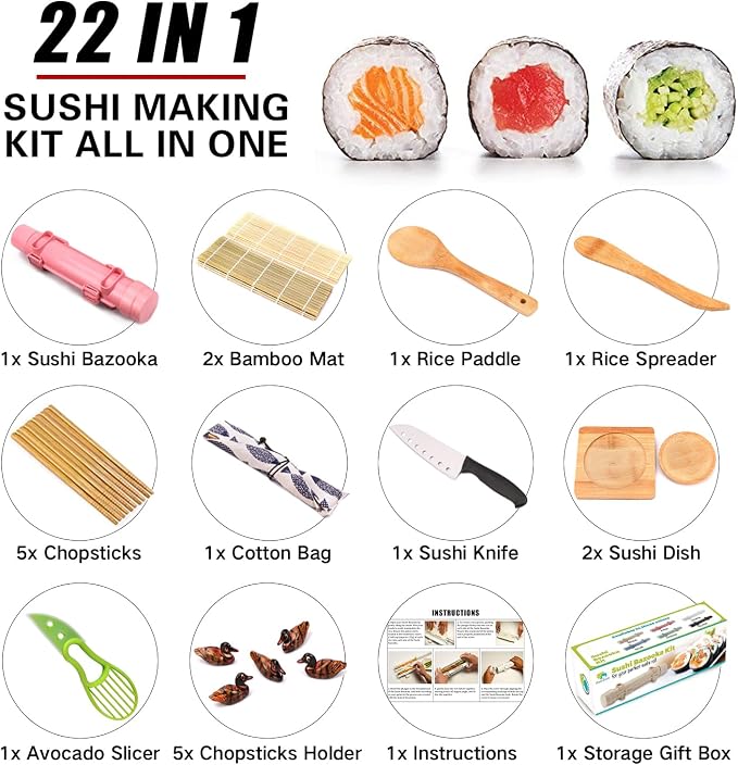 Sushi Making Kit For Beginners - 22 Piece DIY Sushi Roller Kit with Bamboo Sushi Rolling Mat, Sushi Bazooka, Chef's Knife, Chopsticks, Holder - Best Starter Sushi Kit (Pink)
