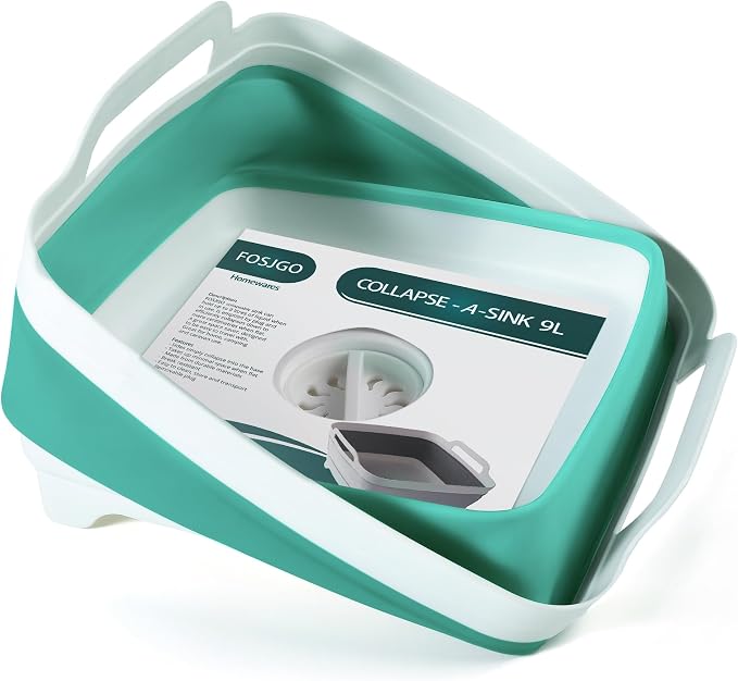 FOSJGO Collapsible Dish Basin with Drain Plug, Foldable Sink, 2.4 Gal (9L) | Space-Saving Wash Basin for Kitchen, Baby Bottles, Vegetable Washing, Camping, RV and Party Beverage Tubs