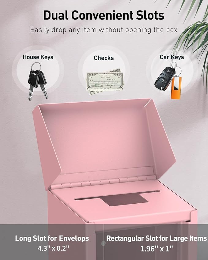 Uniclife Pink Metal Donation Box, Wall Mounted Mailbox for Outside | Safe Suggestion Box with Key Lock, Steel Key Drop Box for Outside, Cash Box for Home Office and Business