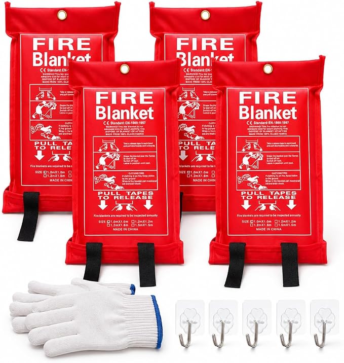 4 Pack,40"x40",Emergency Fiberglass Fire Blanket,Fire Suppression,Hooks | Easy Pull Tabs,No Mess After Use,No Expiration,Quick Emergency Response,Compact,Reusable,Kitchen,Grill,Camping,RV,Home,Garage