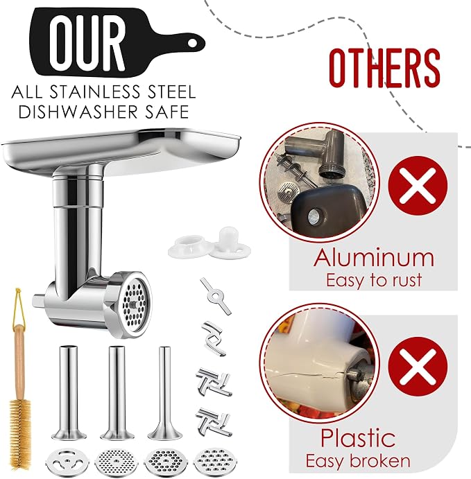 Stainless Steel Meat Grinder Attachment for KitchenAid Mixers | For KitchenAid Mixers of All Models, Sausage Stuffer, Food Processor, Dishwasher Safe, Heavy Duty, Mixer/Machine NOT Included