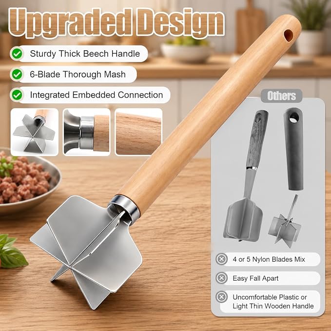 304 Stainless Steel Meat Chopper, 6-Blade Heavy Duty Ground Beef Meat Masher, 11 Inch Food Grade Hamburger Smasher Metal Kitchen Tool for Vegetable Puree Cooking