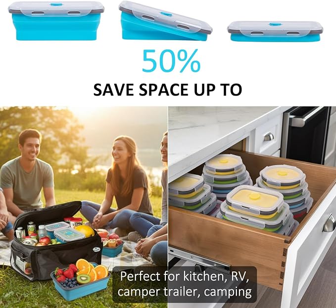 Collapsible Food Storage Containers with Lids 20 Pack(81oz/58oz Extra Large Included), 12 Rectangular+8 Round, Annaklin Silicone Collapsible Food Containers Sets Microwave Freezer Dishwasher Safe Blue