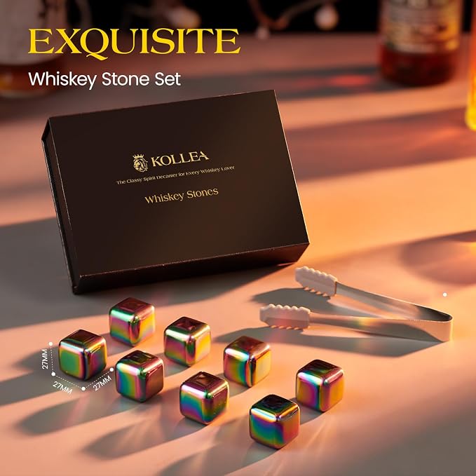 Kollea Whiskey Stones, 8 PCS Multicolor Stainless Steel Whiskey Chilling Rocks, Reusable Ice Cubes for Bottle Drinking, for Men Dad, Boyfriend, Bourbon, Cocktail Bar, Fathers, Anniversary, Christmas