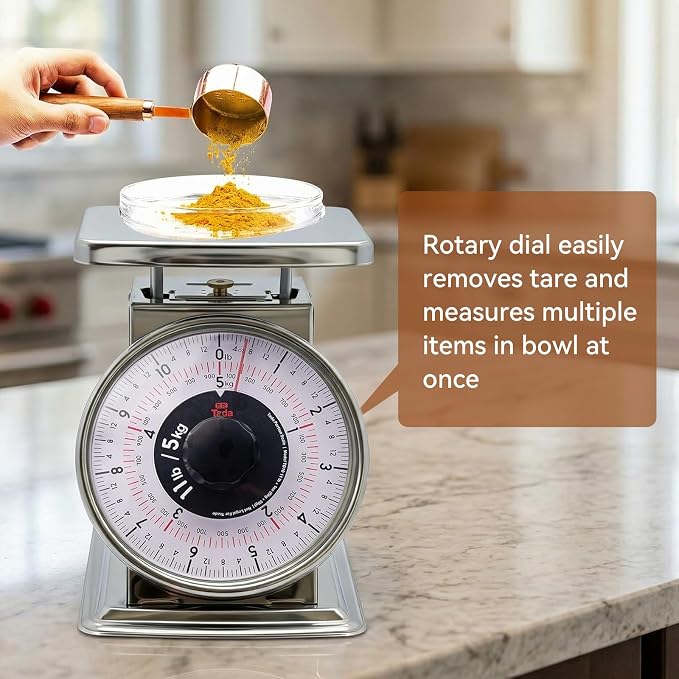 Tada 11lb Stainless Steel Analog Kitchen Mechanical Dial Scale | Manual Food Scale with Platform for Restaurants and Cooking