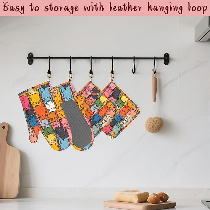 Funny Cat Oven Mitts and Pot Holders 4 Piece Set,Heat-Resistant Silicone Extra Long Non-Slip Kitchen Oven Gloves for Cooking, Baking, BBQ,Grilling