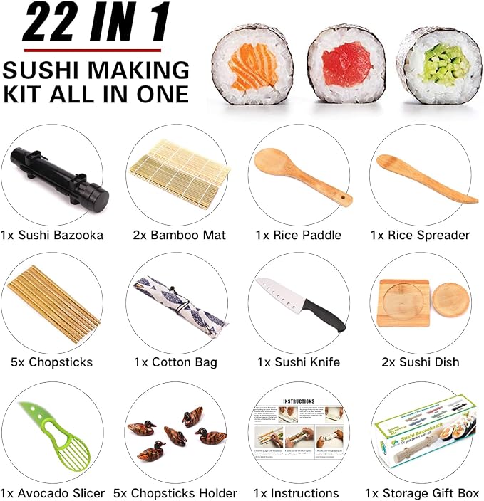 Sushi Making Kit, 22pcs Roller Maker for Beginners With Guide Book, Bazooka, Knife, Mat, Avocado Slicer, Chopsticks, Sauce Dishes & More - Sushi Lover's Gift