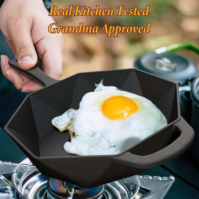 Cast Iron Skillet with Lid,Pre-seasone Mini Cast Iron Smoker Skillets & Egg Pan with Assist Handle, 6.5 Inch Octagonal Design Frying Pan for Searing, Baking, Grilling, Roasting (Skillet-1)