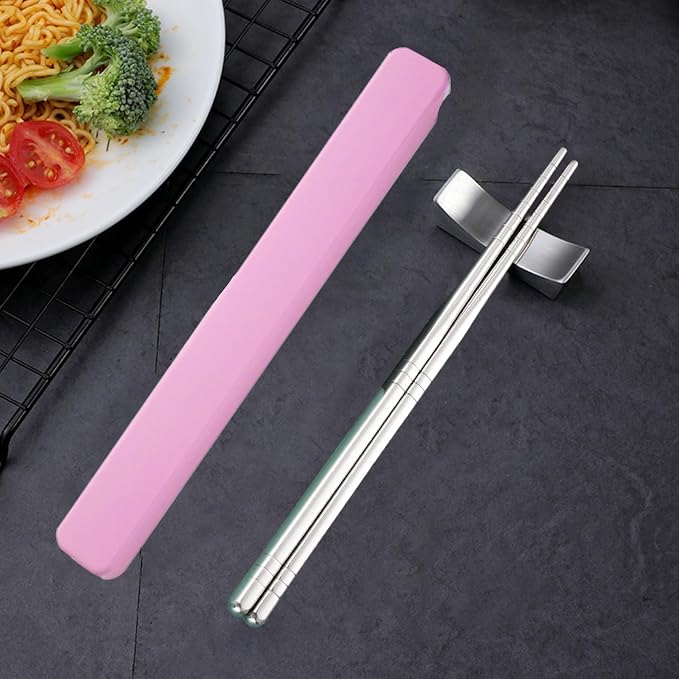 Metal Chopsticks 1 Pair Reusable Chopsticks Stainless Steel Chopsticks with Pull Design Case Portable Utensil for School Home Office Camp Travel Bento Box (Pink)