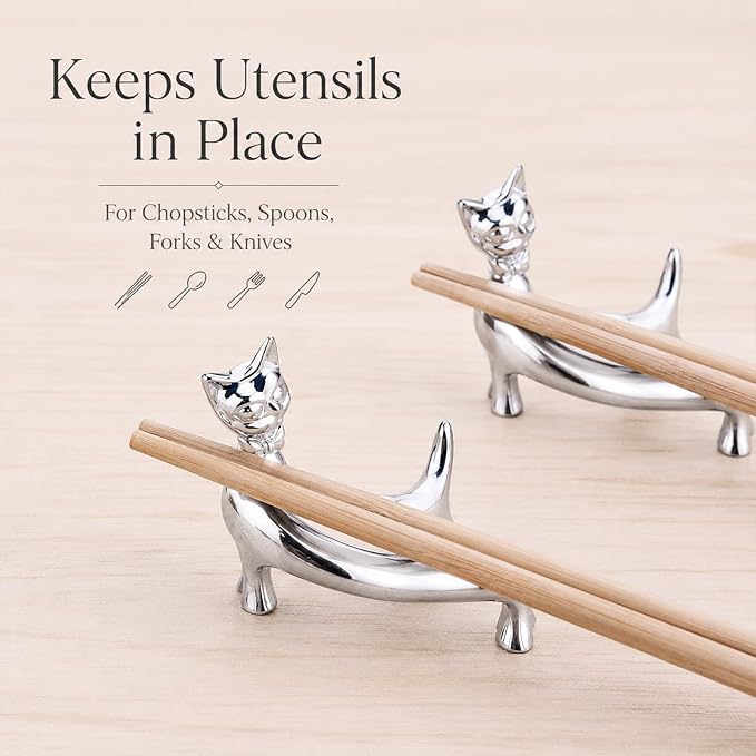 ChezMax Pack of 5 Zinc Alloy Chopsticks Spoon Forks Knives Tableware Rest Set, Silver Bow Tie Cat