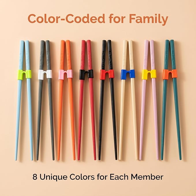 Multicolor Training Chopsticks 8 Pairs, Reusable Dishwasher Safe for Beginners, Fiberglass Training Chopsticks for Kids and Adults, Non-Slip, 9.5 Inches, Chopstick Trainer for Sushi/Noodles/Daily Use