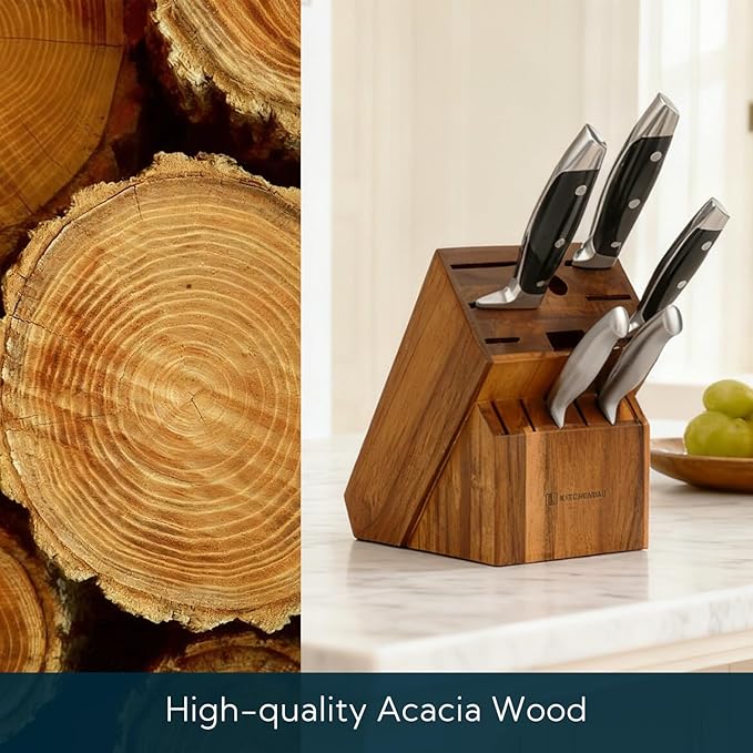 KITCHENDAO 14 Slot Acacia Wood Knife Block without Knives, Universal Knife Holder for Kitchen, Holding Multiple Types of Knives, Countertop Butcher Block Knife Stand for Easy Kitchen Storage