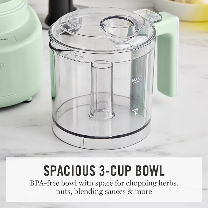 Martha Stewart 3 Cup Electric Vegetable Chopper & Mini Food Processor, Sage | 24oz BPA-Free Bowl, Stainless Steel Blades, Pour Spout, Dice, Puree, Mince, Chop Vegetables & Herbs, Dishwasher-Safe Parts