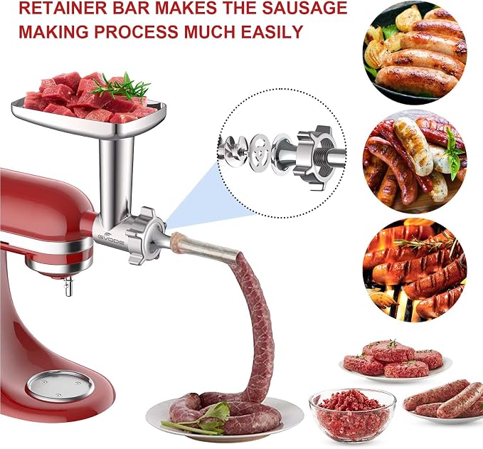 GVODE Metal Meat Grinder Attachment for KitchenAid Stand Mixer,Food Grinder | Meat Grinder for Kitchen Aid Includes 4 Grinding Plates, 3 Sausage Stuffer Tubes, 2 Grinding Blades