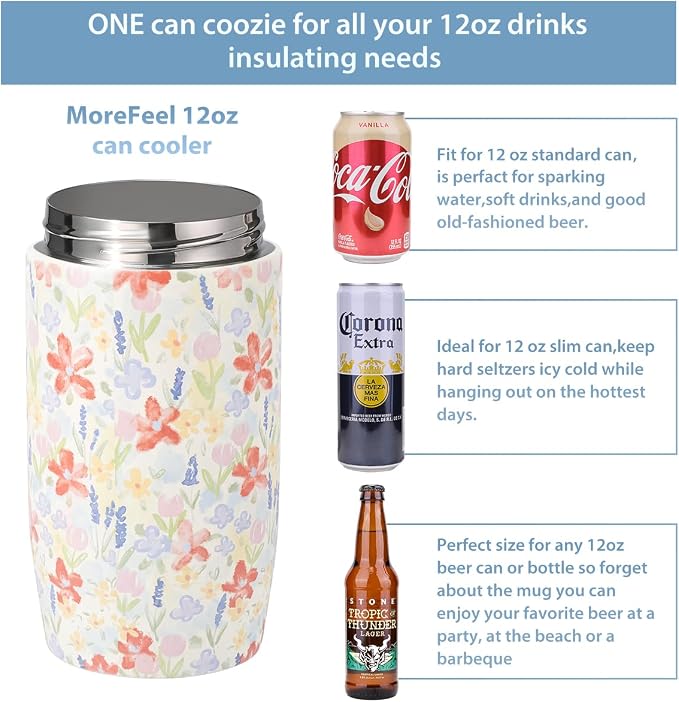 Morefeel 4-in-1 Insulated Can Cooler for 12 oz Cans & Bottles | 304 Stainless Steel Can Holder Fits 12 Oz Slim Cans, Standard Cans, Beer Bottles & Works as A Open Cup; Dishwasher Safe