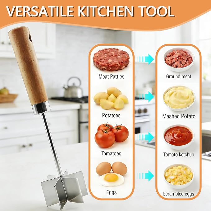 Stainless Steel Meat Chopper & Masher, 10.6 Inch Ground Beef Chopper Tool with 6 Curve Blades & Wooden Handle, Heat Resistant Meat Masher, Heavy-Duty Hamburger Smasher & Multi-Use Kitchen Tool