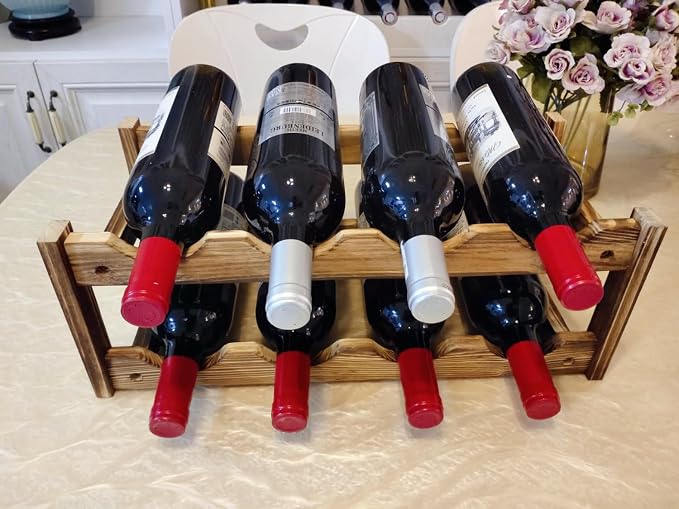 8-Bottle Wood Wine Rack - 2-Tier Countertop Wine Bottle Holder for Kitchen, Bar, Pantry, Dining Room | Small Freestanding Stackable Liquor Storage Organizer, Carbonized Pine