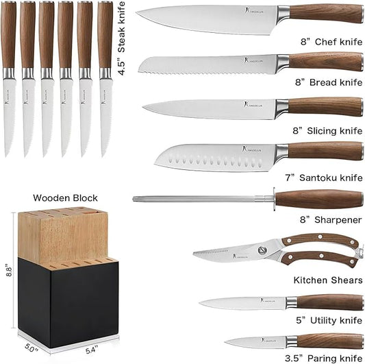 Natura Series 15 PCS Knife Block Set, Ultra Sharp High Carbon Stainless Steel with Wood Handle