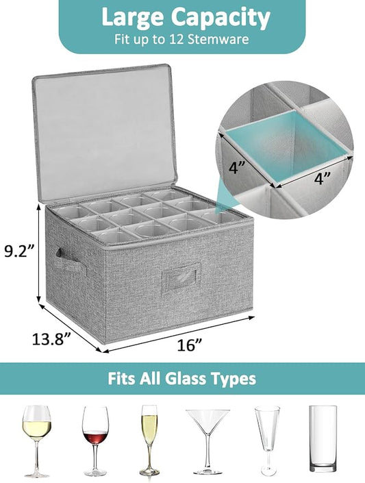 Cirhy Wine Glass Storage Box Hard Shell, Stemware Storage Containers for Moving, Holds 24 Crystal Glasses & Flutes, Stackable Glassware Chest with Dividers, Grey (2-Pack)