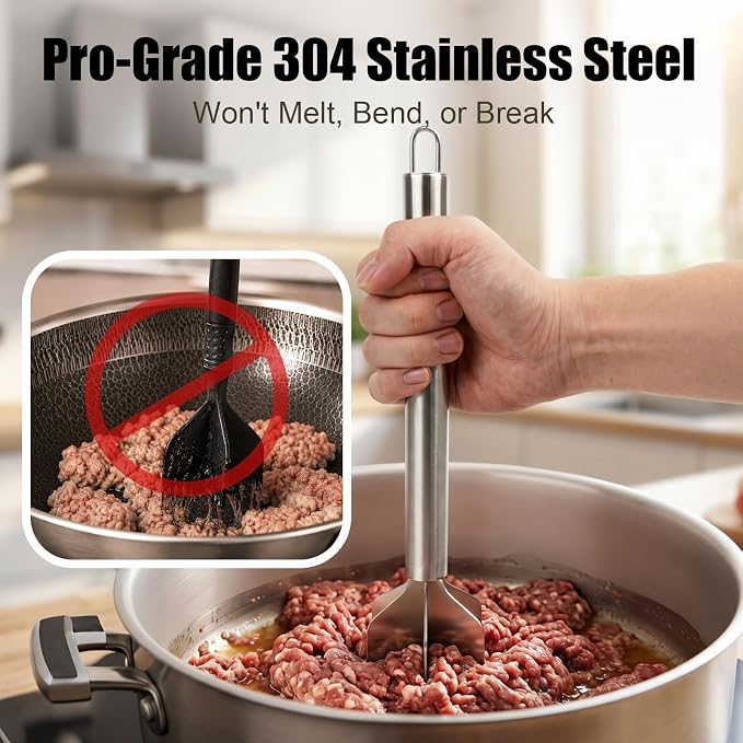 Meat Masher Stainless Steel, Heavy Duty Ground Beef Masher, 6-Blademeat Meat Chopper Potato Masher Hamburger Smasher, Dishwasher Safe (L, Stainless steel with hooks)