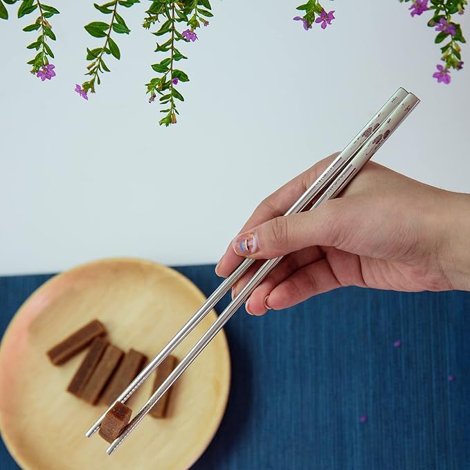 Reusable Chopstick and Spoon Set, Korean Long Handle Stainless Steel Spoon and Chopsticks Set, Dishwasher Safe Metal Chop sticks, Set of 3. (Multi-patterned)