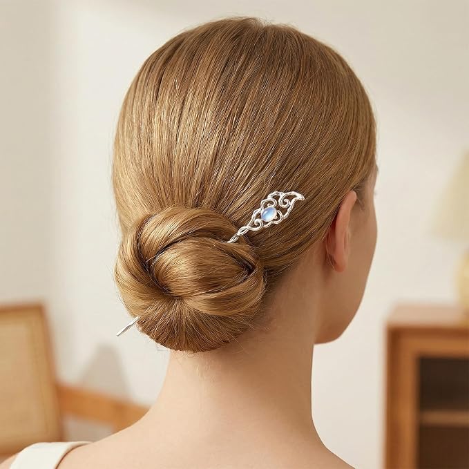 8 Pcs Star Moon Hair Sticks Chinese Hanfu Asian Hair Chopsticks Metal Silver Hair Bun Updo Holders for Women Accessories Long Hair