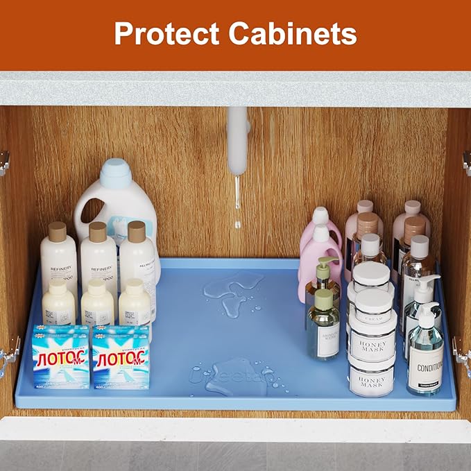 ukeetap 34" x 22" Extra Thick Silicone Mat Waterproof with Raised Edge, Under Sink Mat for Kitchen & Bathroom, Kitchen Cabinet Liner, Multi-Purpose for Storage & Protection, Blue
