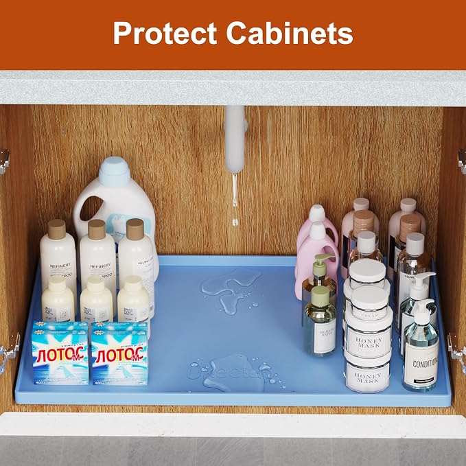 ukeetap 22" x 19" Extra Thick Silicone Mat Waterproof with Raised Edge, Under Sink Mat for Kitchen & Bathroom, Kitchen Cabinet Liner, Multi-Purpose for Storage & Protection, Blue