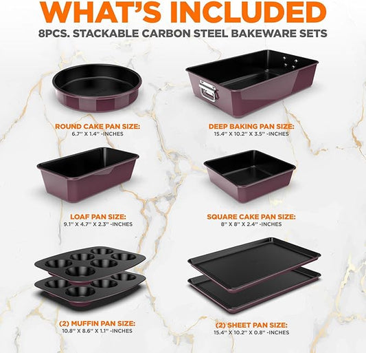 NutriChef 8-Piece Nonstick Stackable Bakeware Set - PFOA, PFOS, PTFE Free Baking Pan Set w/Non-Stick Coating, 450°F Oven Safe, Round Cake, Loaf, Muffin, Wide/Square Pans, Cookie Sheet (Plum)