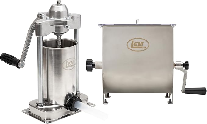 LEM Products MightyBite 5 lb Sausage Stuffer and 20 lb Meat Mixer Bundle | Easy Prep and Stuffing, Stainless Steel Meat Stuffer Machine Includes Stuffing Tubes, Removable Cylinder, Air-Release Piston