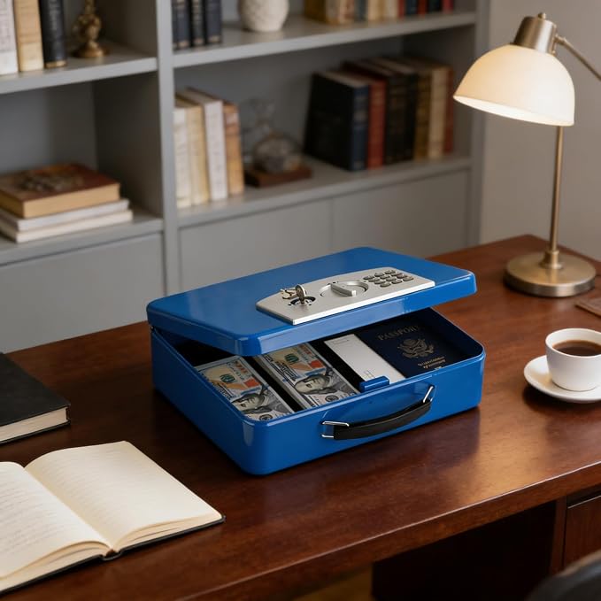 KYODOLED Blue Safe Box with Digital Keypad Lock, Lock Box with Code for Personal Items, Metal Security Box for Cash, Passport, Jewelry, Ideal for Home, Office, Garage Sale, 11.8'' x 9.4'' x 3.5''
