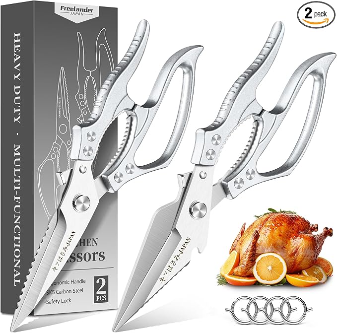 Freelander Poultry Shears Set Silver, All Purpose Heavy Duty Kitchen Shears | Japanese Kitchen Scissors for Food, Chicken, Meat, Fish, Vegetables with Ergonomic Non-Slip Handle, Gifts for Women Men