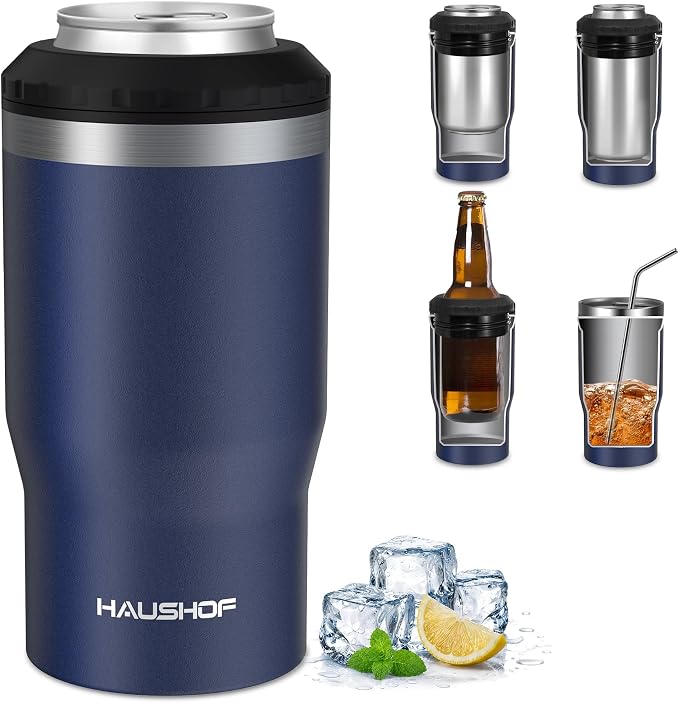 HAUSHOF 4-in-1 Insulated Can Cooler Fits 12oz Cans & Beer Bottle, Navy Blue | Double-Wall Vacuum Insulated, 18/8 Stainless Steel, BPA-Free Lid, Slim Can Cooler for Camping, Beach & Picnic