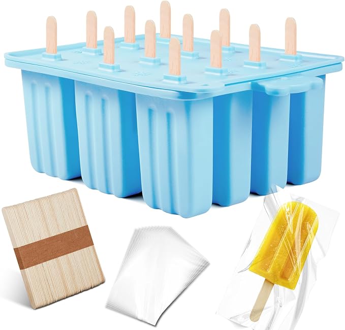 popsicle molds, Silicone ice pop mold Food Grade cakesicles mold for ice cream 50 popsicle sticks 50 popsicle bag (Sky Blue, 12 Cavities)