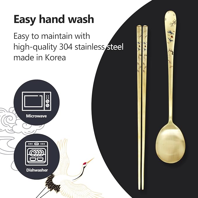 [2 Sets] [Made in Korea] Crane Painting Design Korean Table Sticky Rice Spoon and Chopsticks 304 Stainless Steel Gold Titanium Plated Mukbang Cutlery